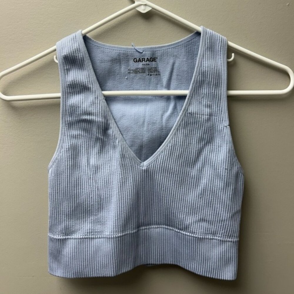 Garage Women’s Blue Ribbed V Neck Cropped Top